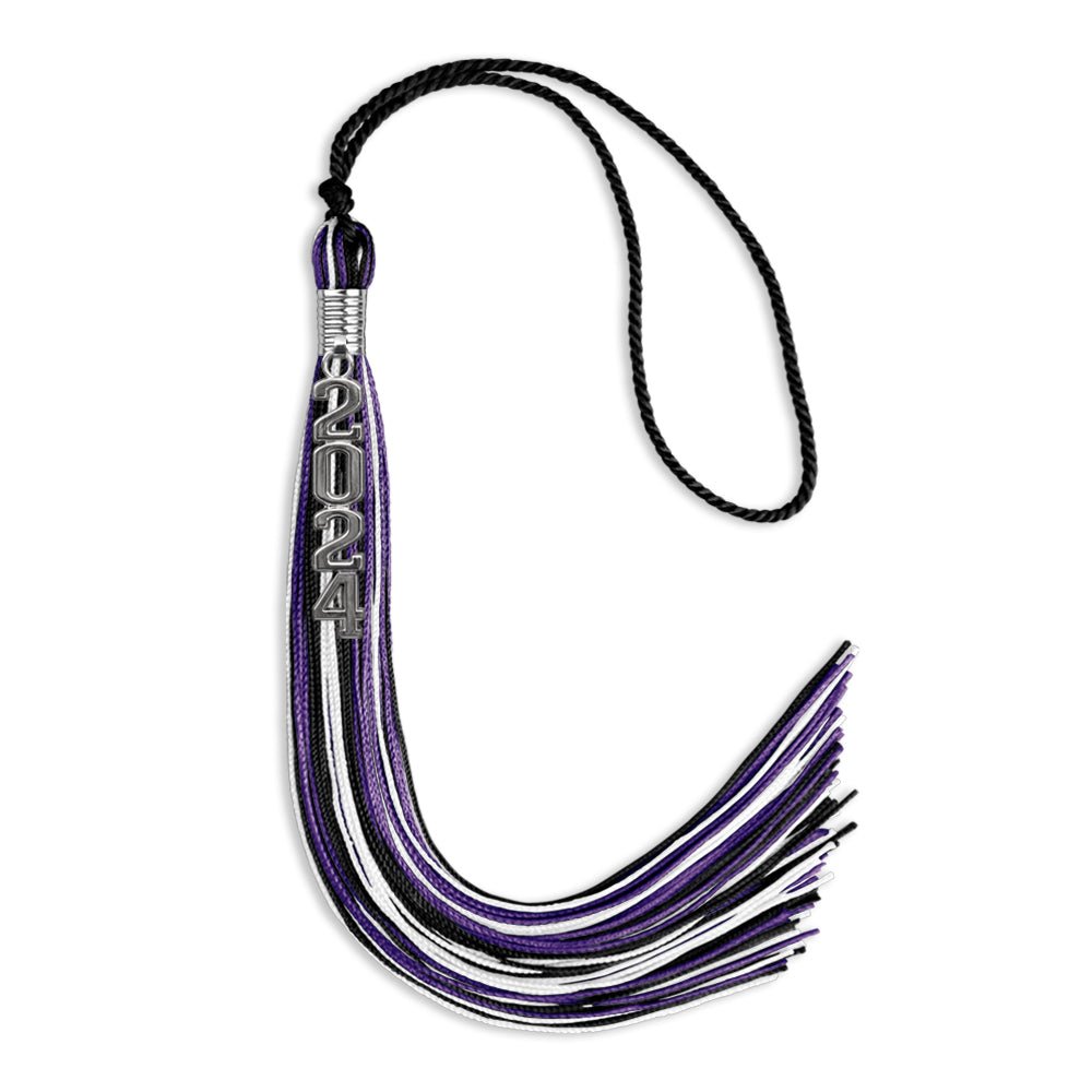 Black/Purple/White Mixed Color Graduation Tassel with Silver Stacked Date Drop - Endea Graduation