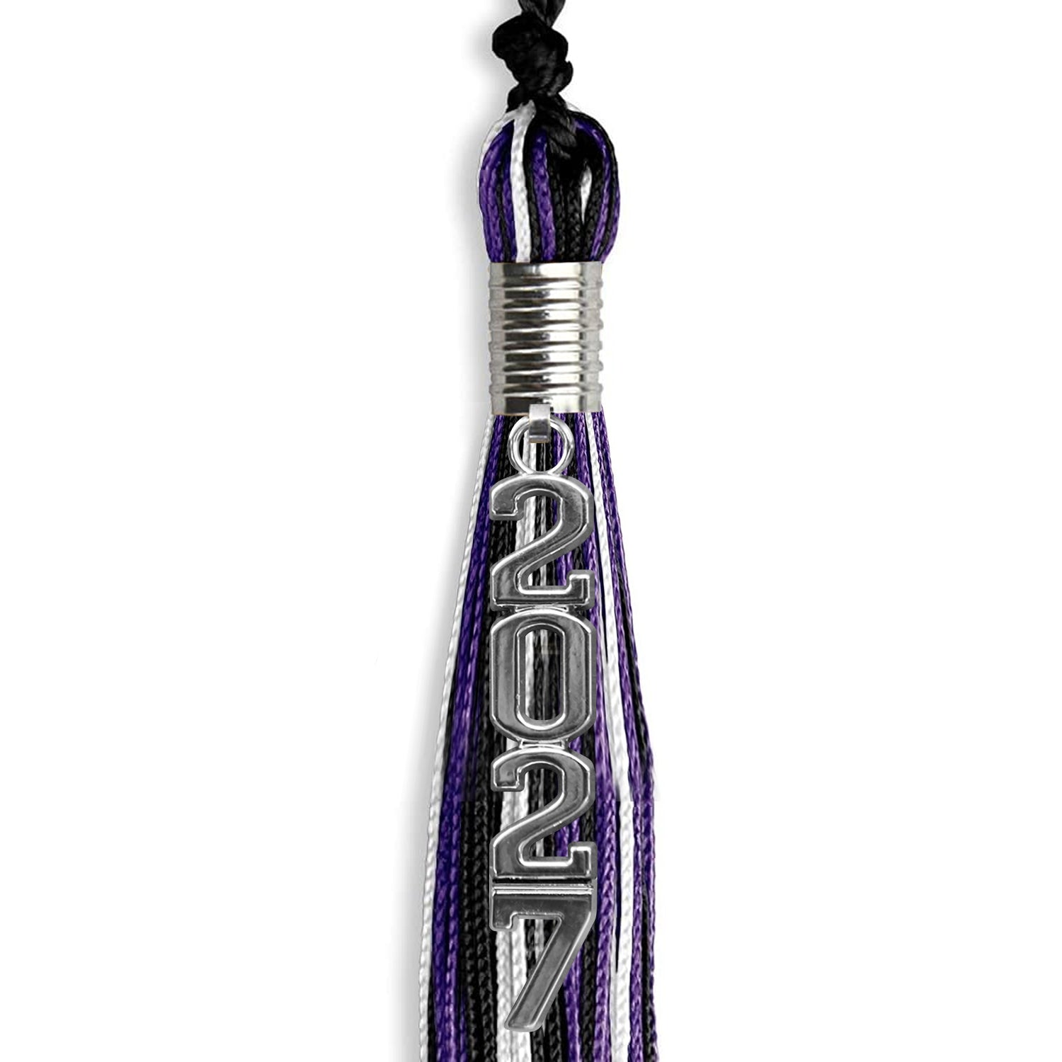 Black/Purple/White Mixed Color Graduation Tassel with Silver Stacked Date Drop - Endea Graduation