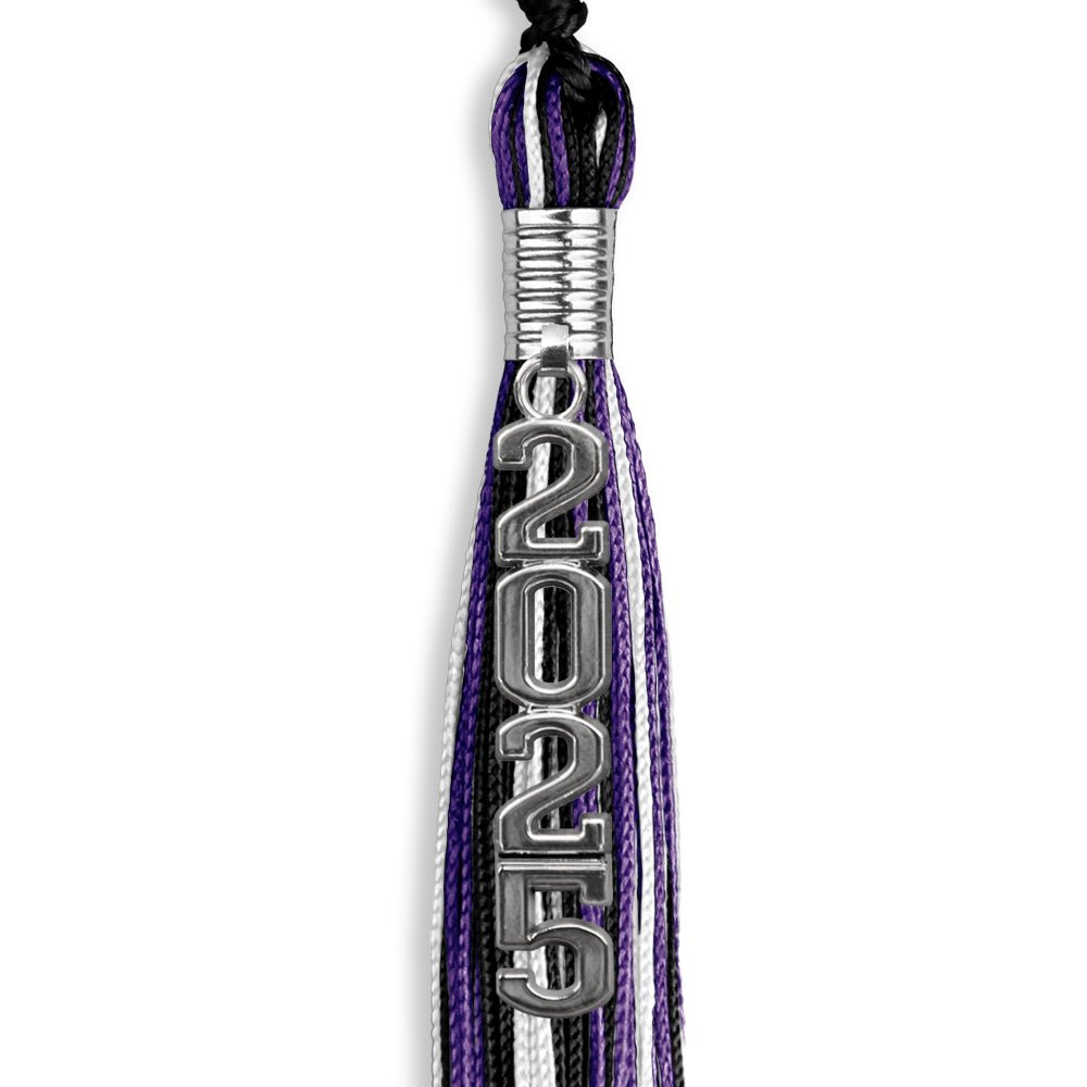 Black/Purple/White Mixed Color Graduation Tassel with Silver Stacked Date Drop - Endea Graduation