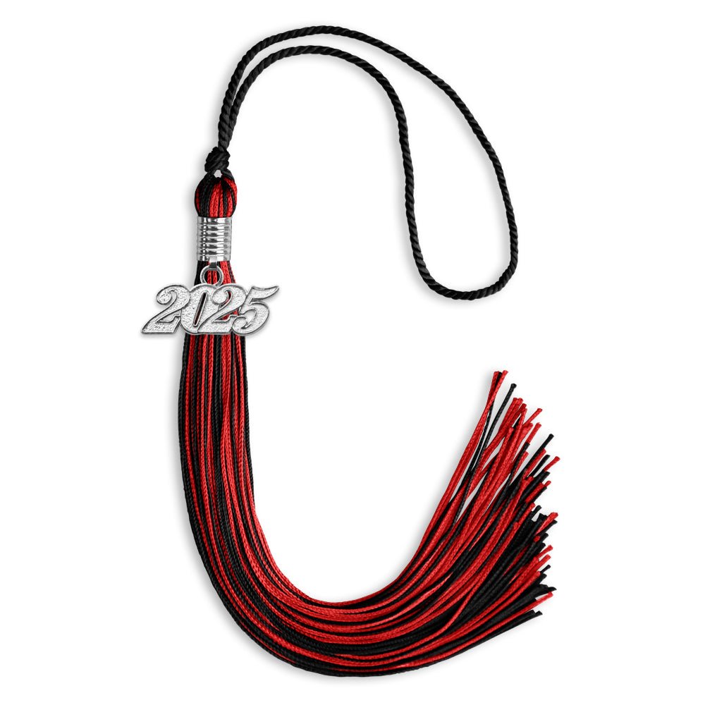 Black/Red Mixed Color Graduation Tassel with Silver Date Drop - Endea Graduation