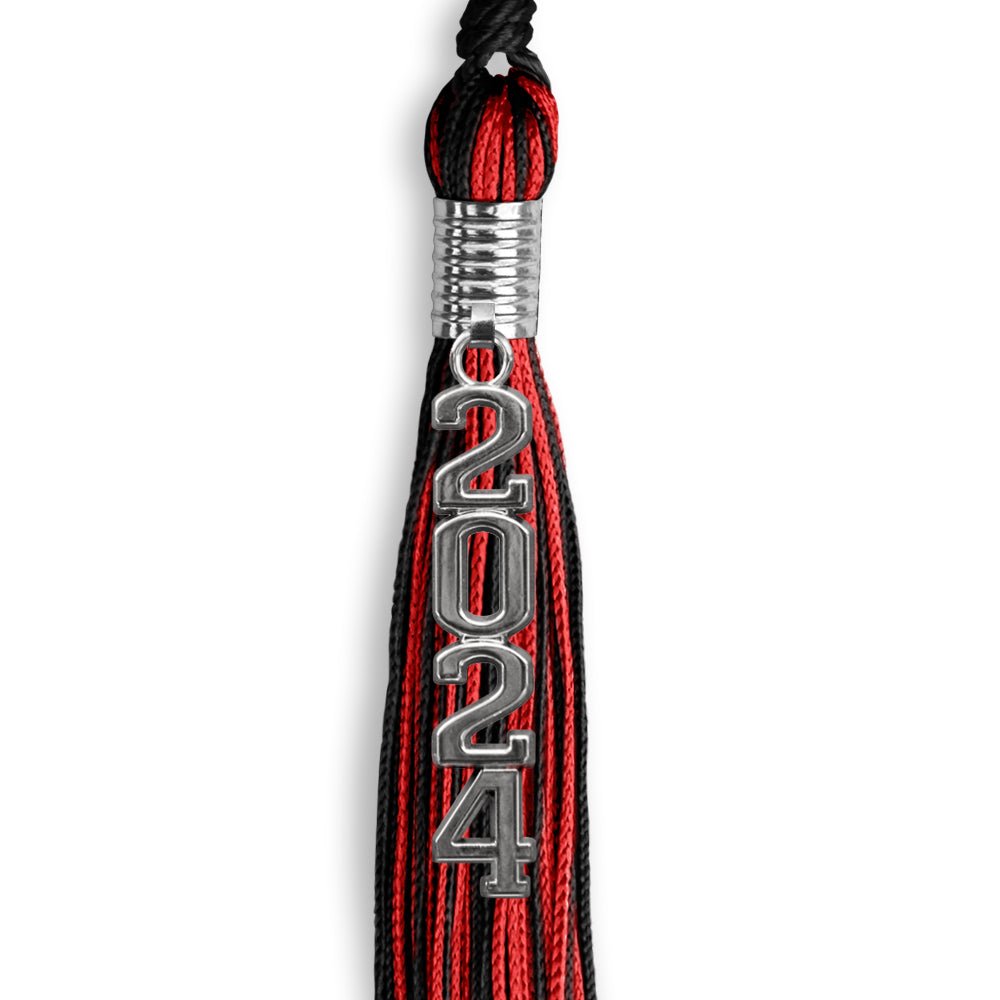 Black/Red Mixed Color Graduation Tassel with Stacked Silver Date Drop - Endea Graduation