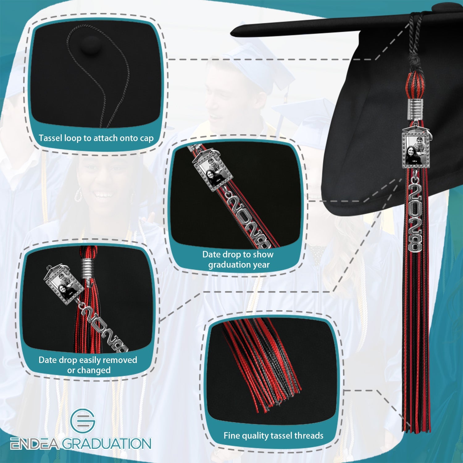 Black/Red Tassel with Photo Frame Charm and Stacked Date Drop - Endea Graduation