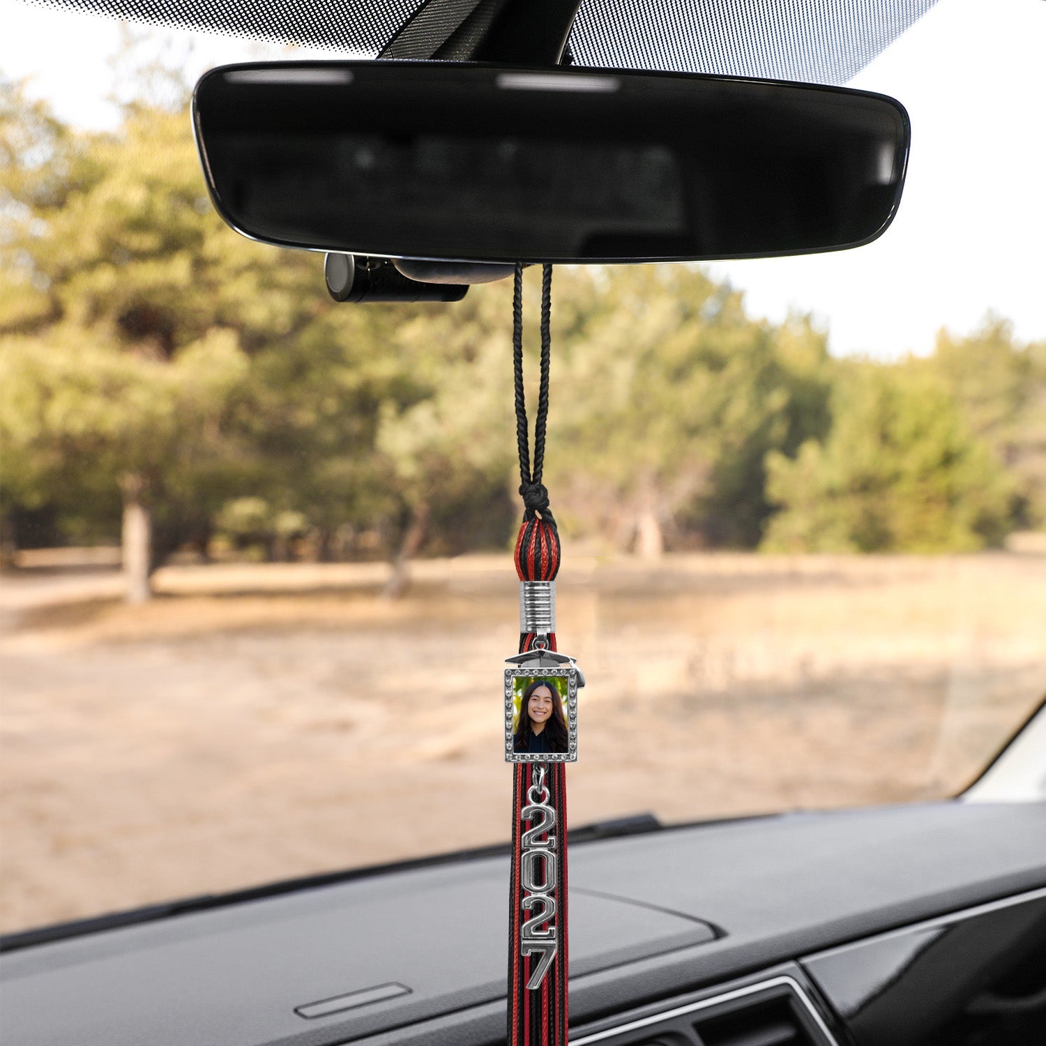 Black/Red Tassel with Photo Frame Charm and Stacked Date Drop - Endea Graduation