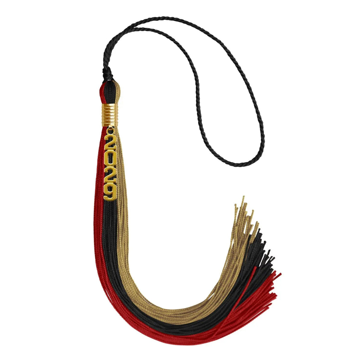 Black/Red/Antique Gold Graduation Tassel with Gold Stacked Date Drop - Endea Graduation
