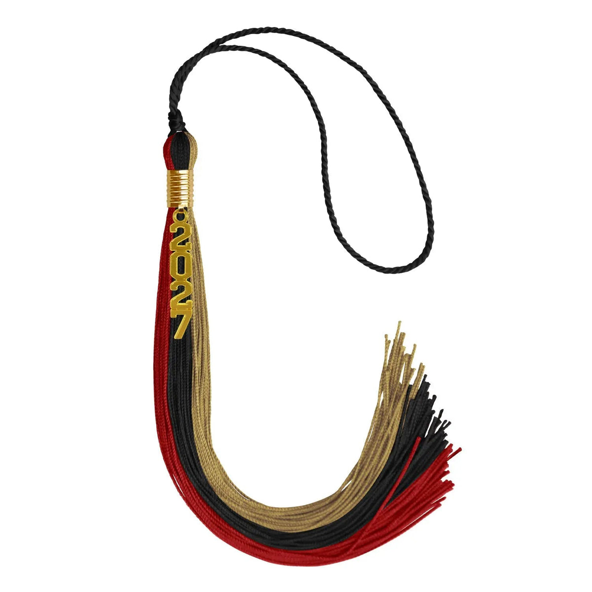Black/Red/Antique Gold Graduation Tassel with Gold Stacked Date Drop - Endea Graduation