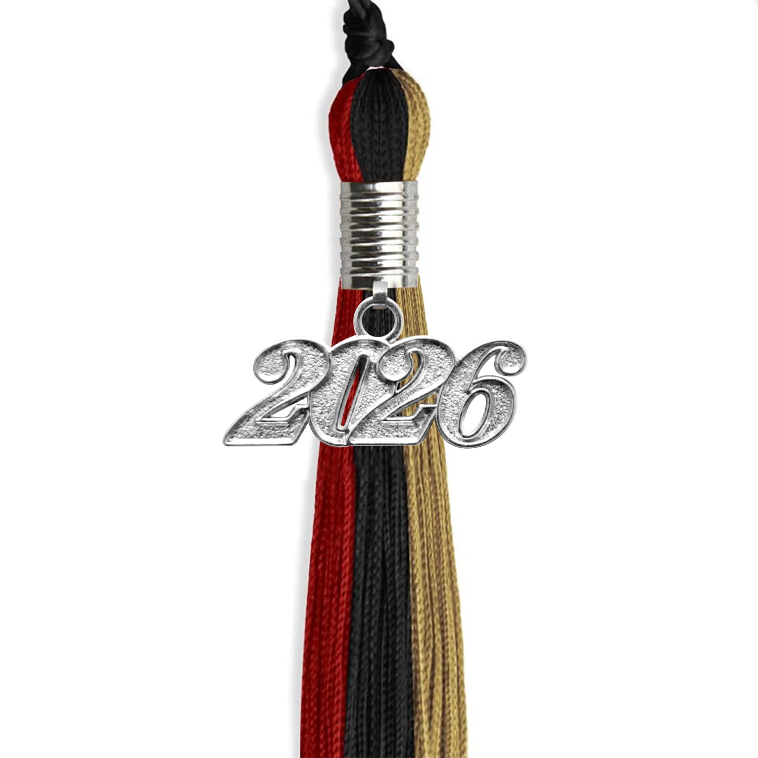 Black/Red/Antique Gold Graduation Tassel with Silver Date Drop - Endea Graduation