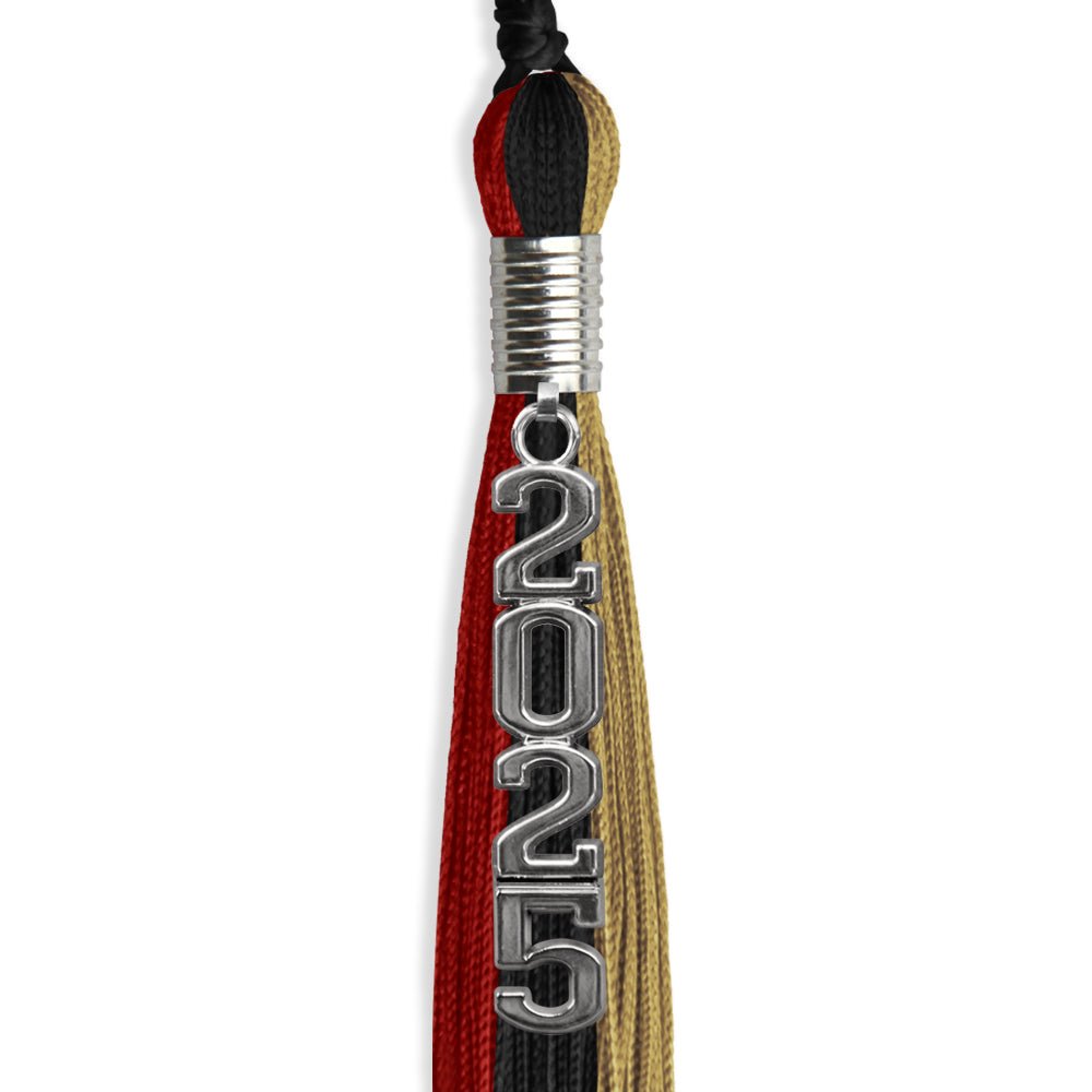 Black/Red/Antique Gold Graduation Tassel with Silver Stacked Date Drop - Endea Graduation