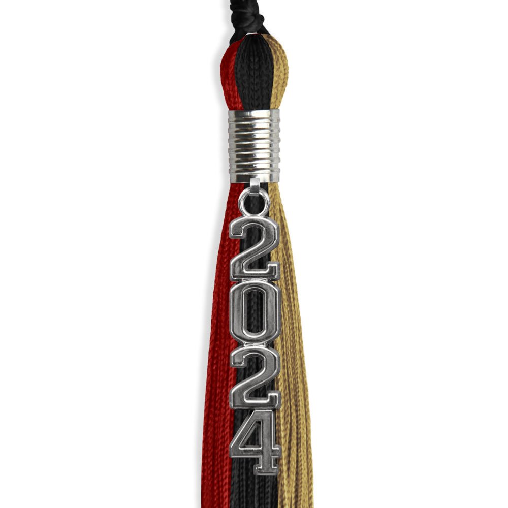 Black/Red/Antique Gold Graduation Tassel with Silver Stacked Date Drop - Endea Graduation