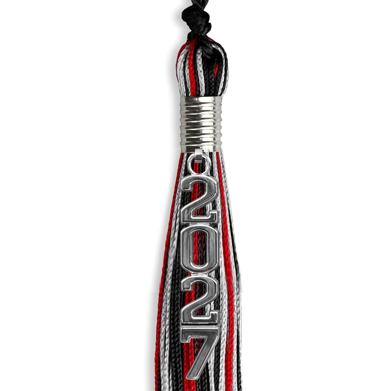 Black/Red/Silver Mixed Color Graduation Tassel with Silver Stacked Date Drop - Endea Graduation