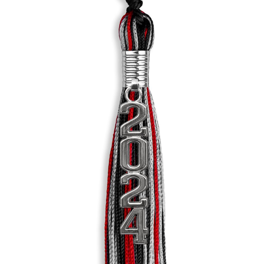 Black/Red/Silver Mixed Color Graduation Tassel with Silver Stacked Date Drop - Endea Graduation