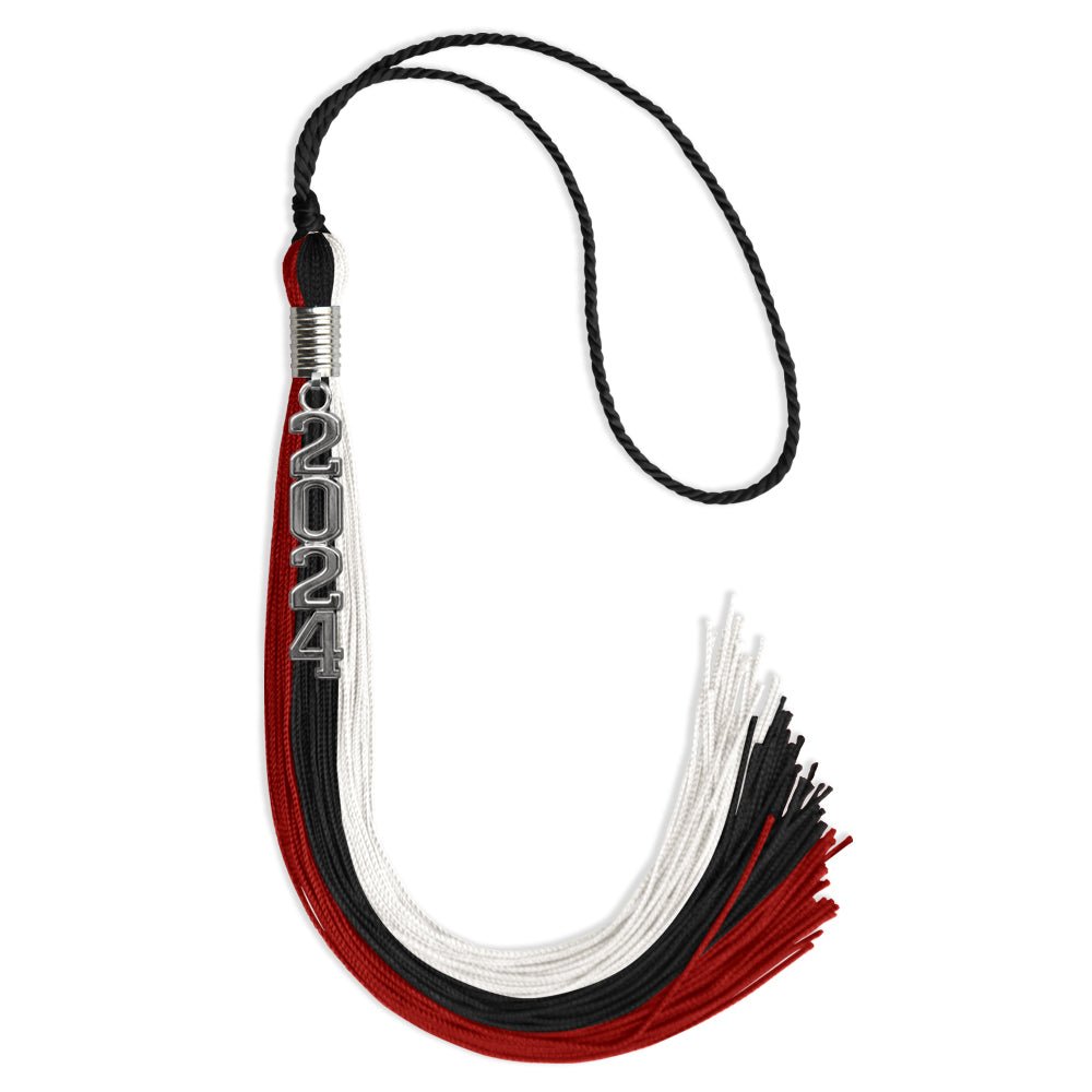 Black/Red/White Graduation Tassel with Silver Stacked Date Drop - Endea Graduation