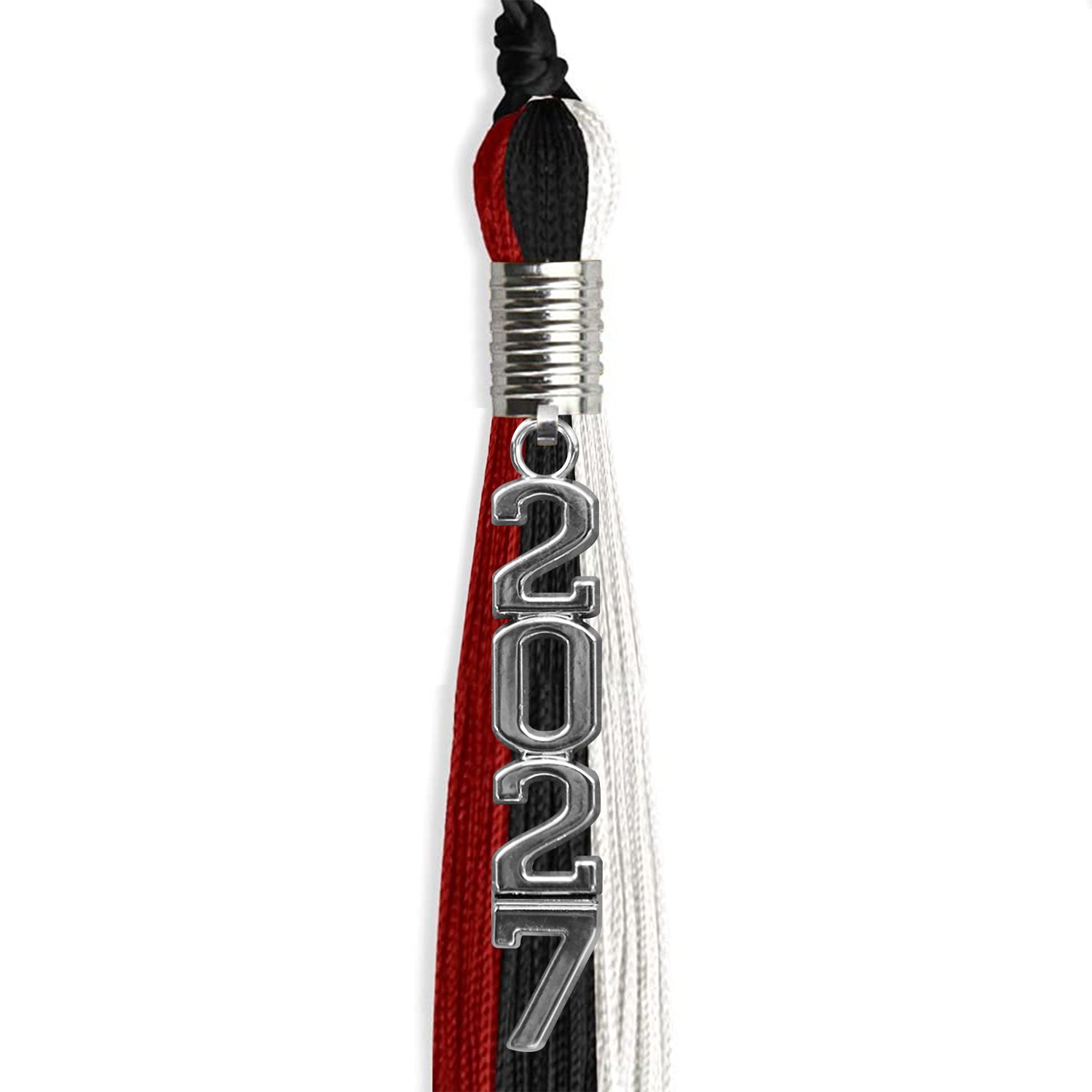 Black/Red/White Graduation Tassel with Silver Stacked Date Drop - Endea Graduation