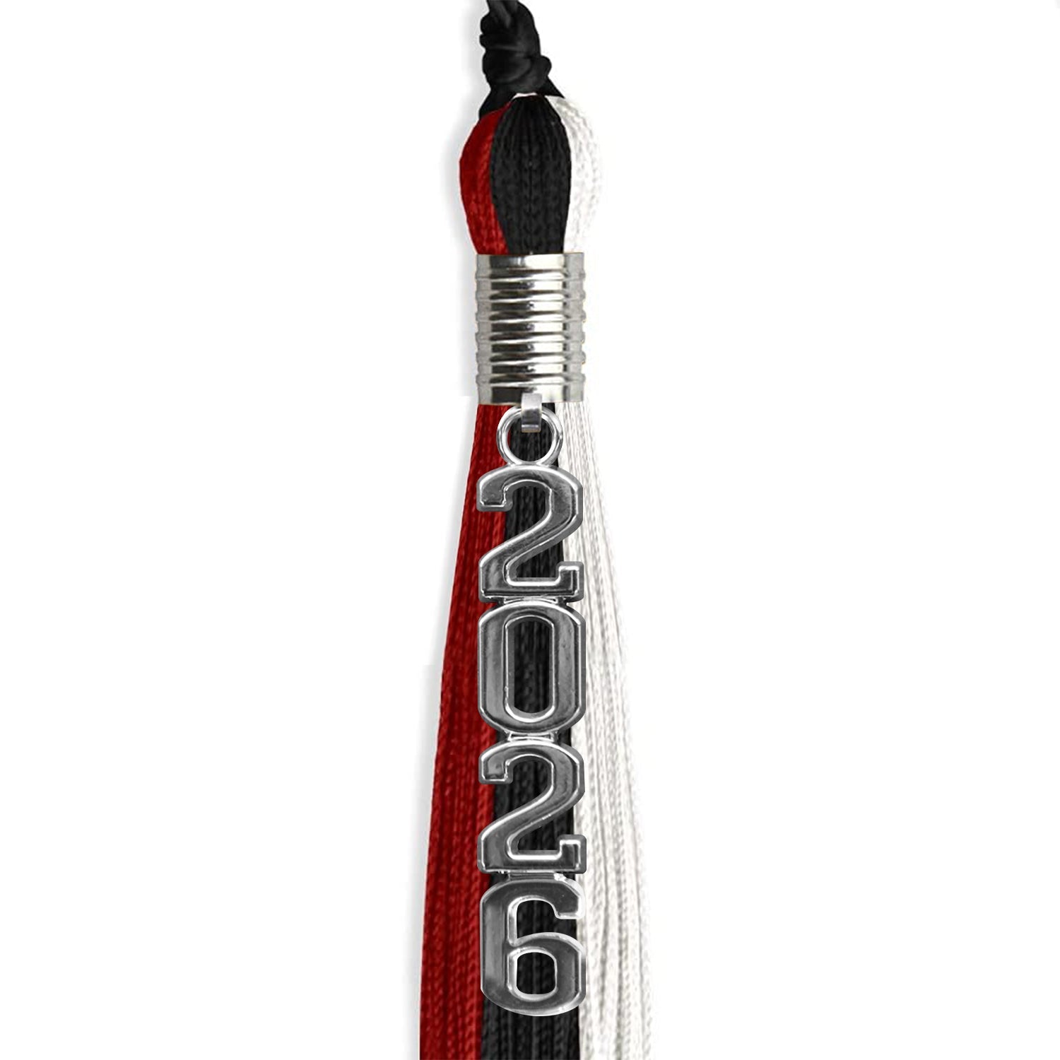 Black/Red/White Graduation Tassel with Silver Stacked Date Drop - Endea Graduation