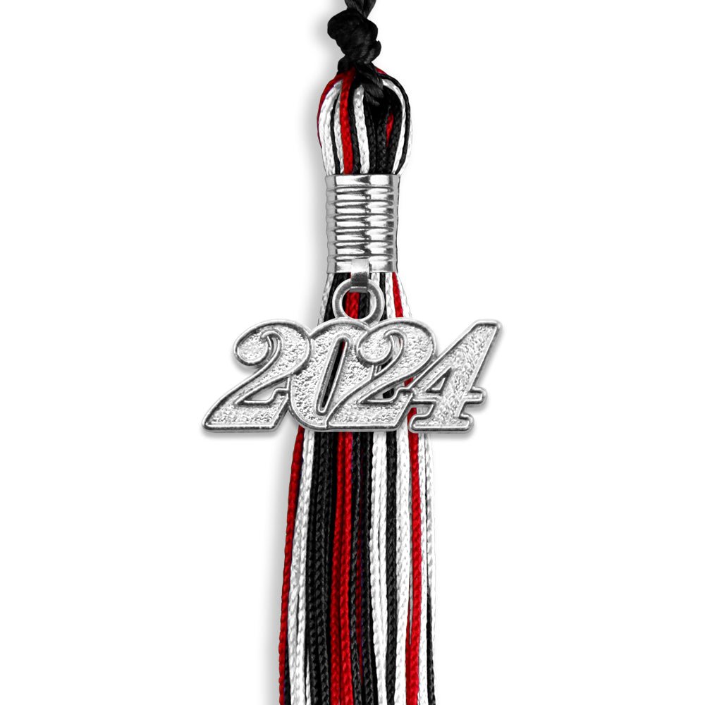 Black/Red/White Mixed Color Graduation Tassel with Silver Date Drop - Endea Graduation