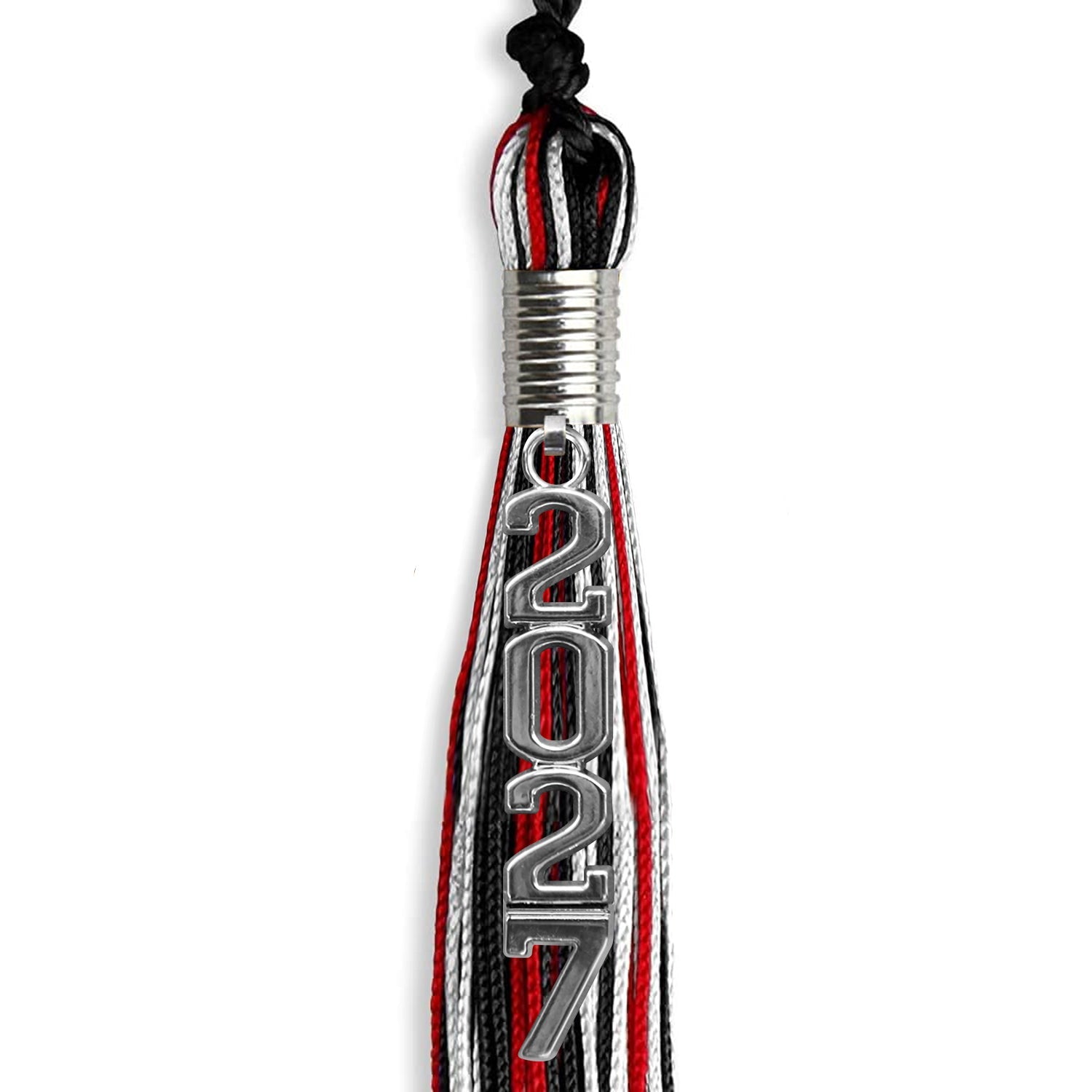 Black/Red/White Mixed Color Graduation Tassel with Silver Stacked Date Drop - Endea Graduation