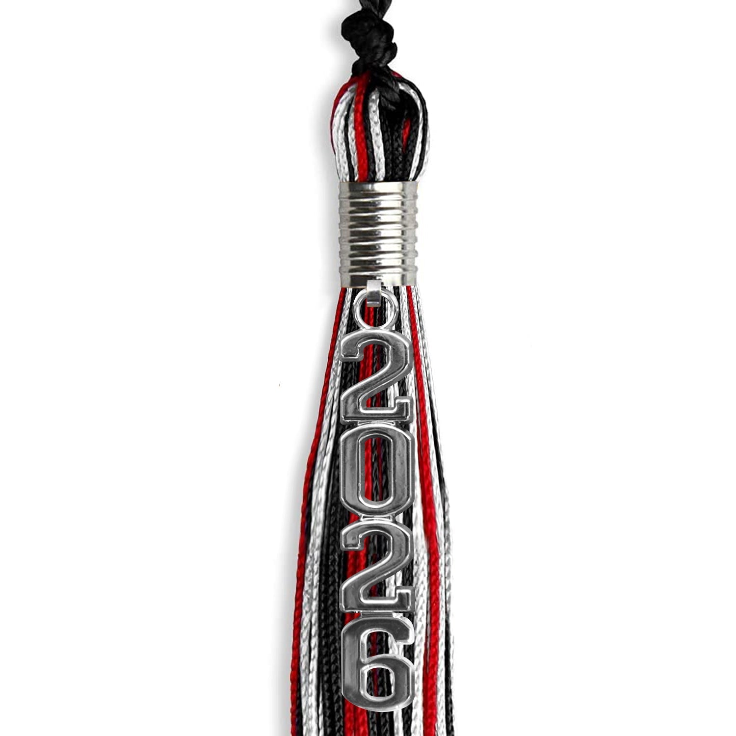 Black/Red/White Mixed Color Graduation Tassel with Silver Stacked Date Drop - Endea Graduation