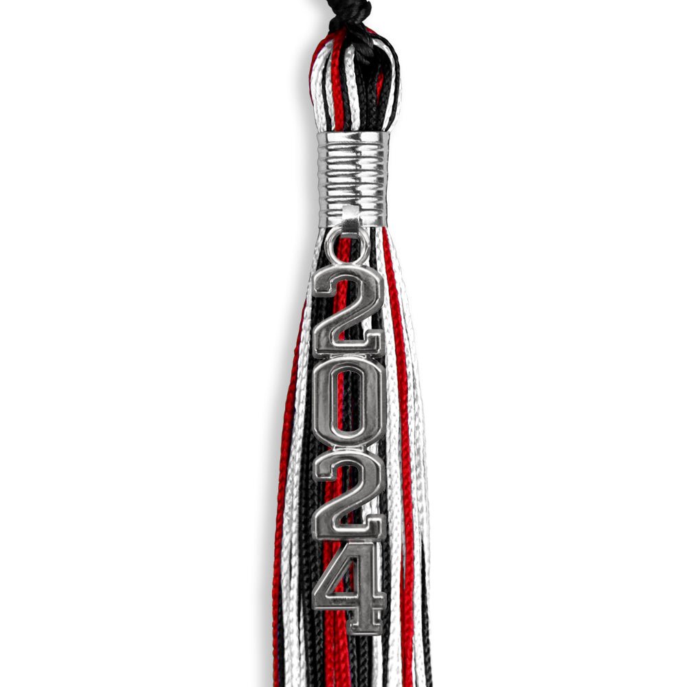 Black/Red/White Mixed Color Graduation Tassel with Silver Stacked Date Drop - Endea Graduation