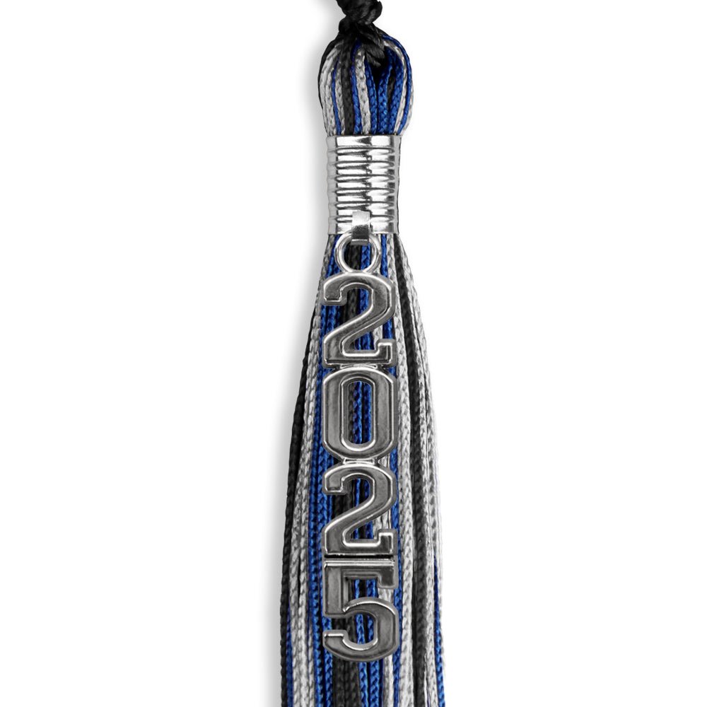 Black/Royal Blue/Silver Mixed Color Graduation Tassel with Silver Stacked Date Drop - Endea Graduation