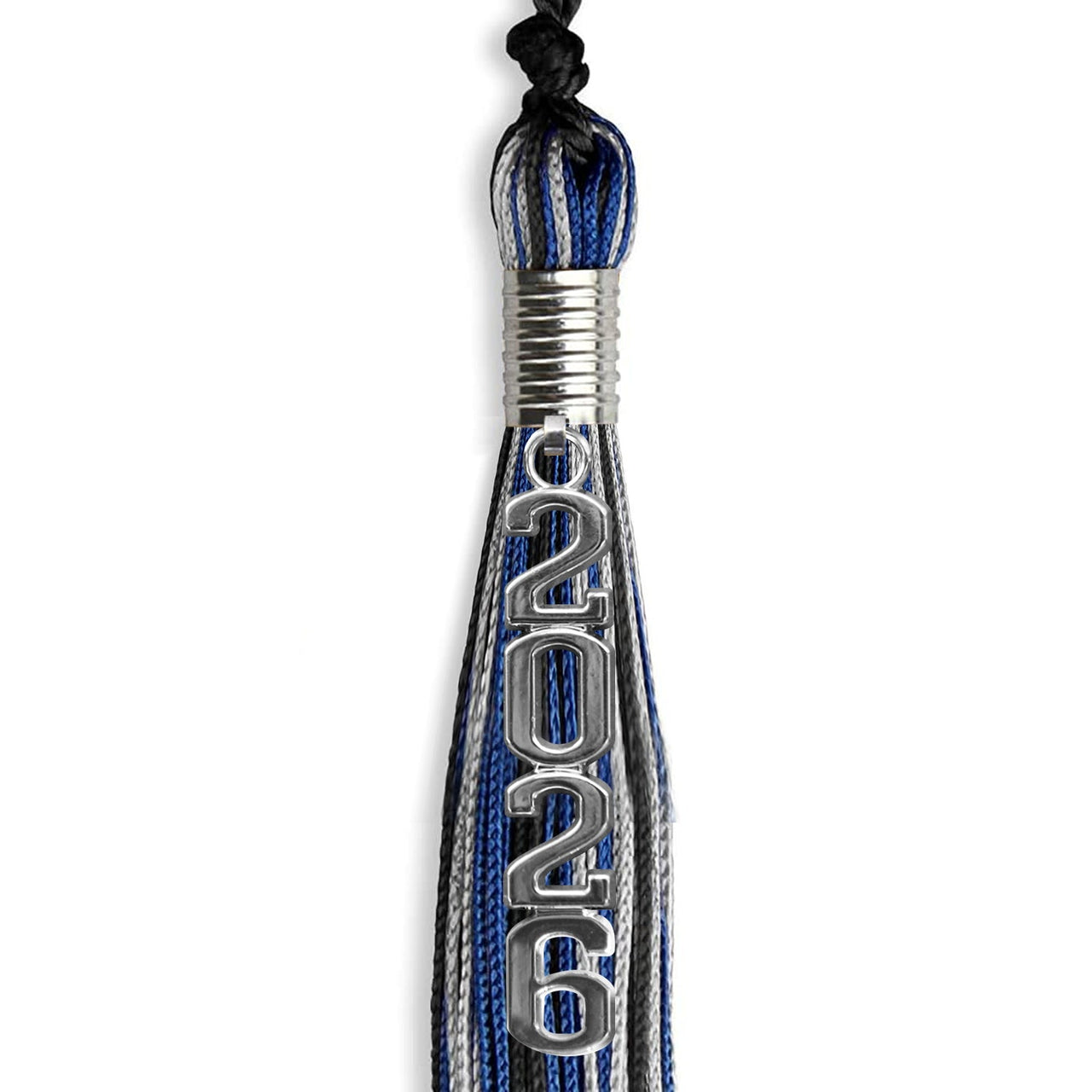 Black/Royal Blue/Silver Mixed Color Graduation Tassel with Silver Stacked Date Drop - Endea Graduation