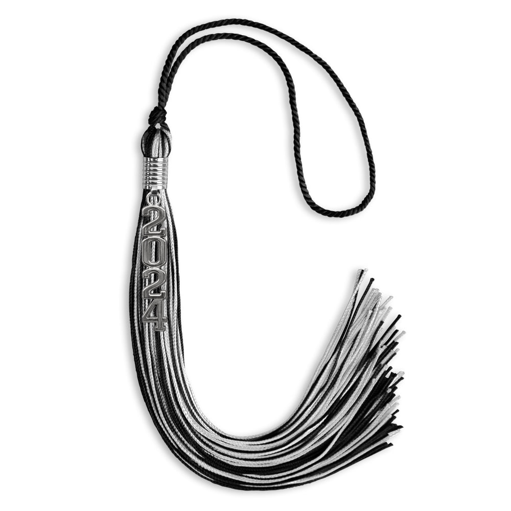 Black/Silver Mixed Color Graduation Tassel with Stacked Silver Date Drop - Endea Graduation