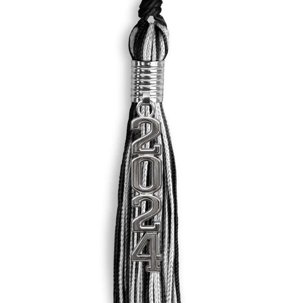 Black/Silver Mixed Color Graduation Tassel with Stacked Silver Date Drop - Endea Graduation