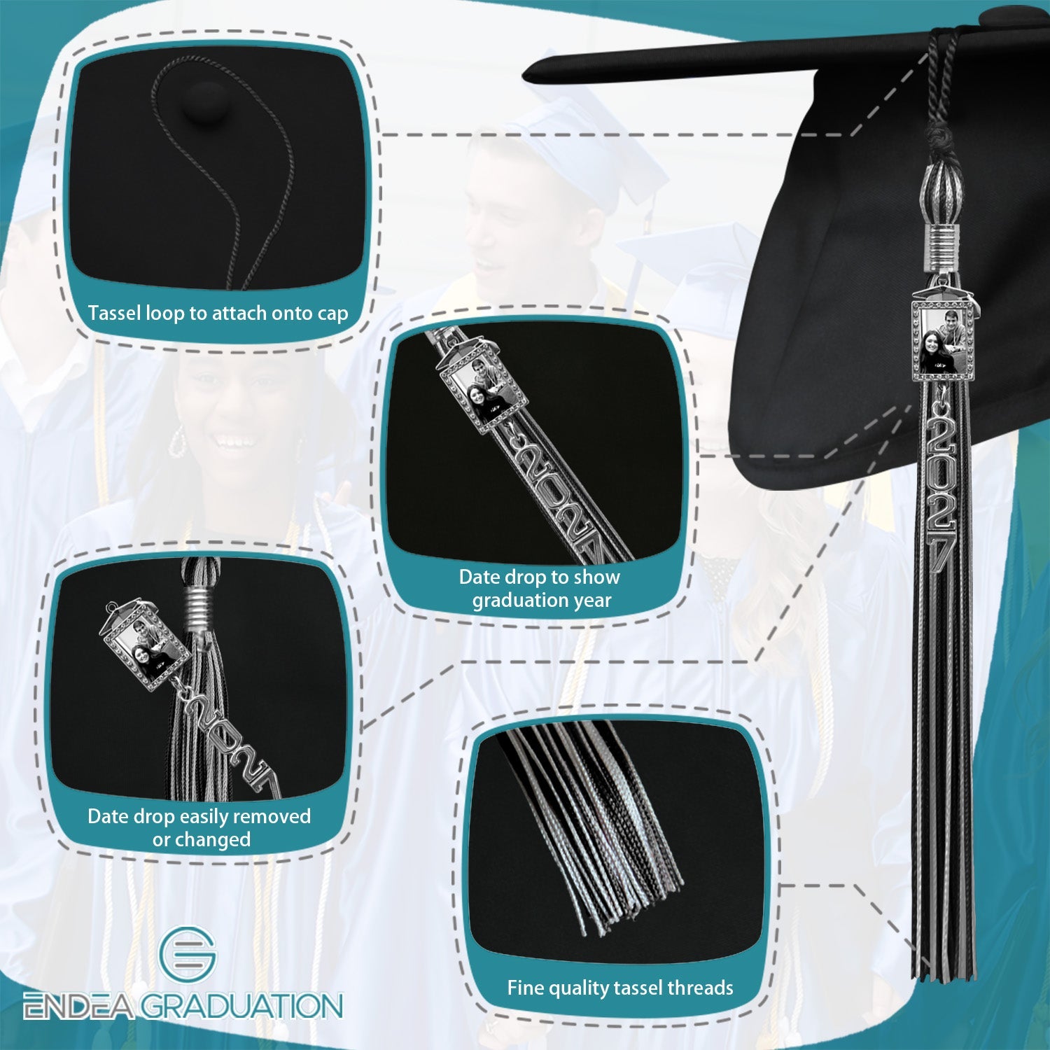 Black/Silver Tassel with Photo Frame Charm and Stacked Date Drop - Endea Graduation