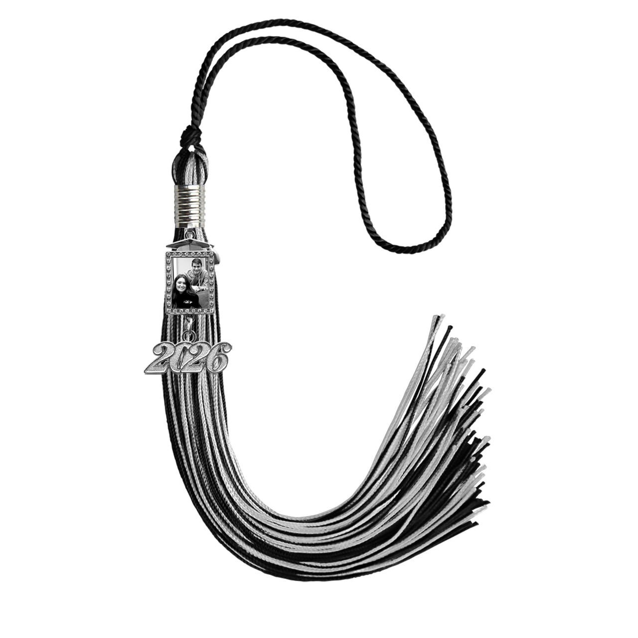 Black/Silver Tassel with Photo Frame Charm and Year Date Drop - Endea Graduation