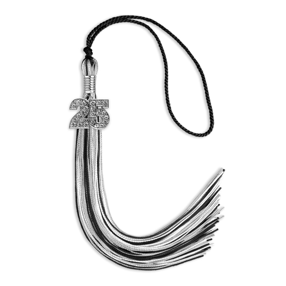 Black/Silver/White Mixed Color Graduation Tassel with Silver Date Drop - Endea Graduation