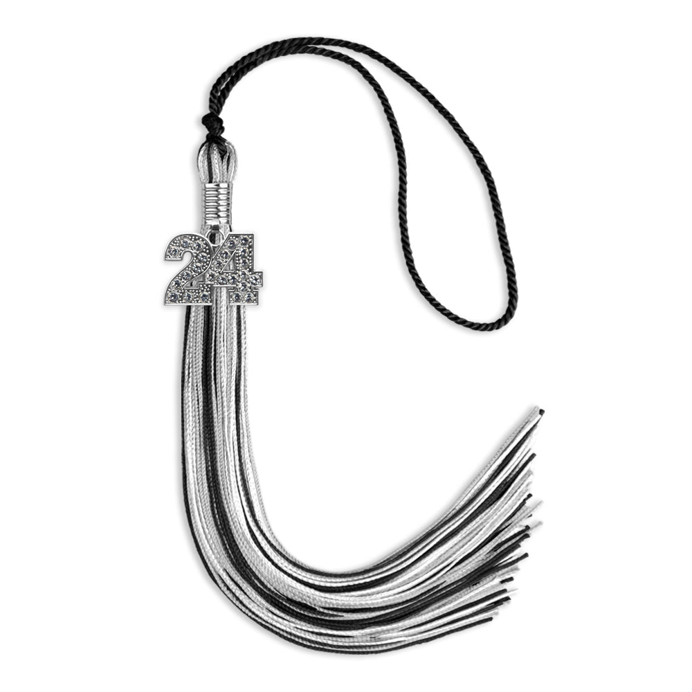 Black/Silver/White Mixed Color Graduation Tassel with Silver Date Drop - Endea Graduation