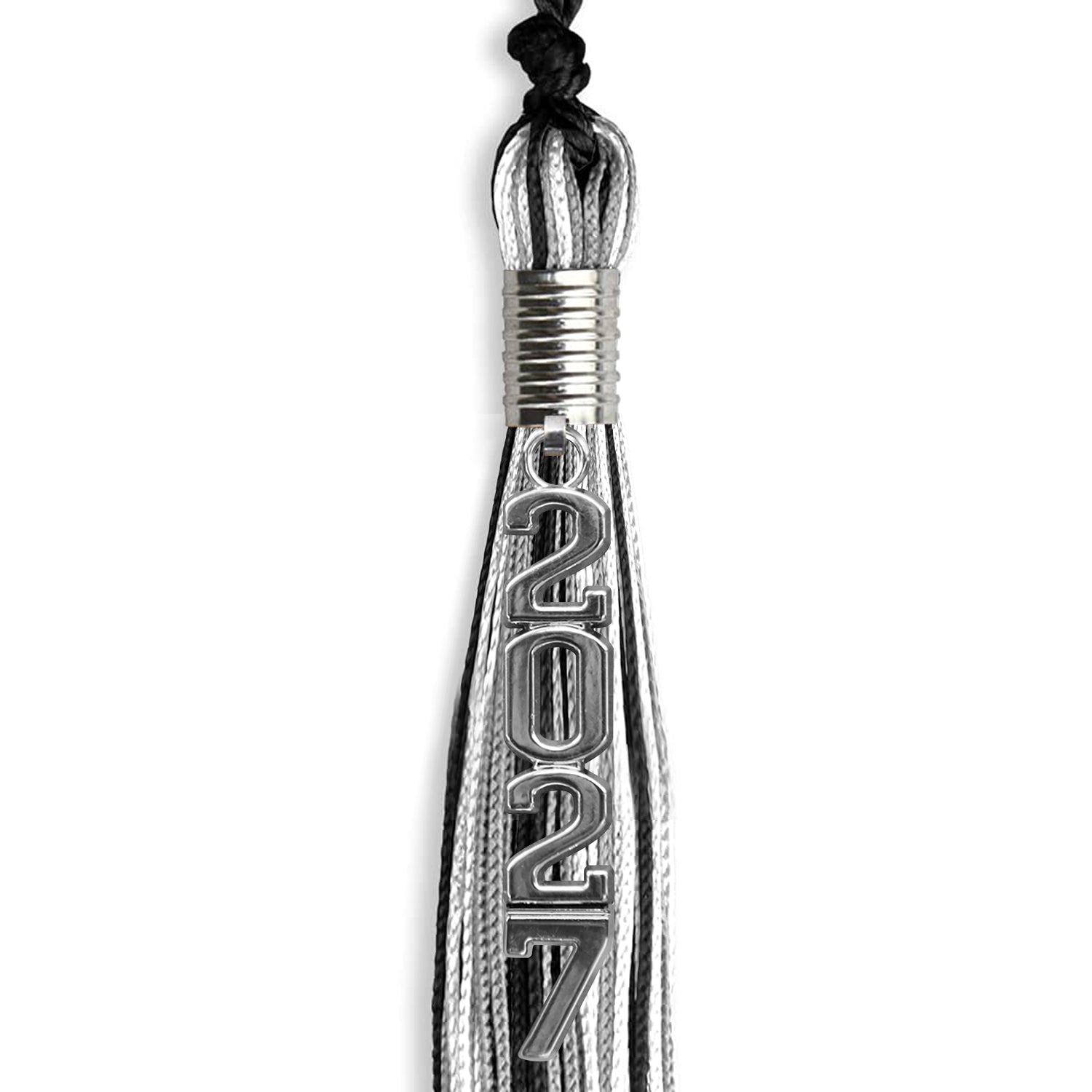 Black/Silver/White Mixed Color Graduation Tassel with Silver Stacked Date Drop - Endea Graduation