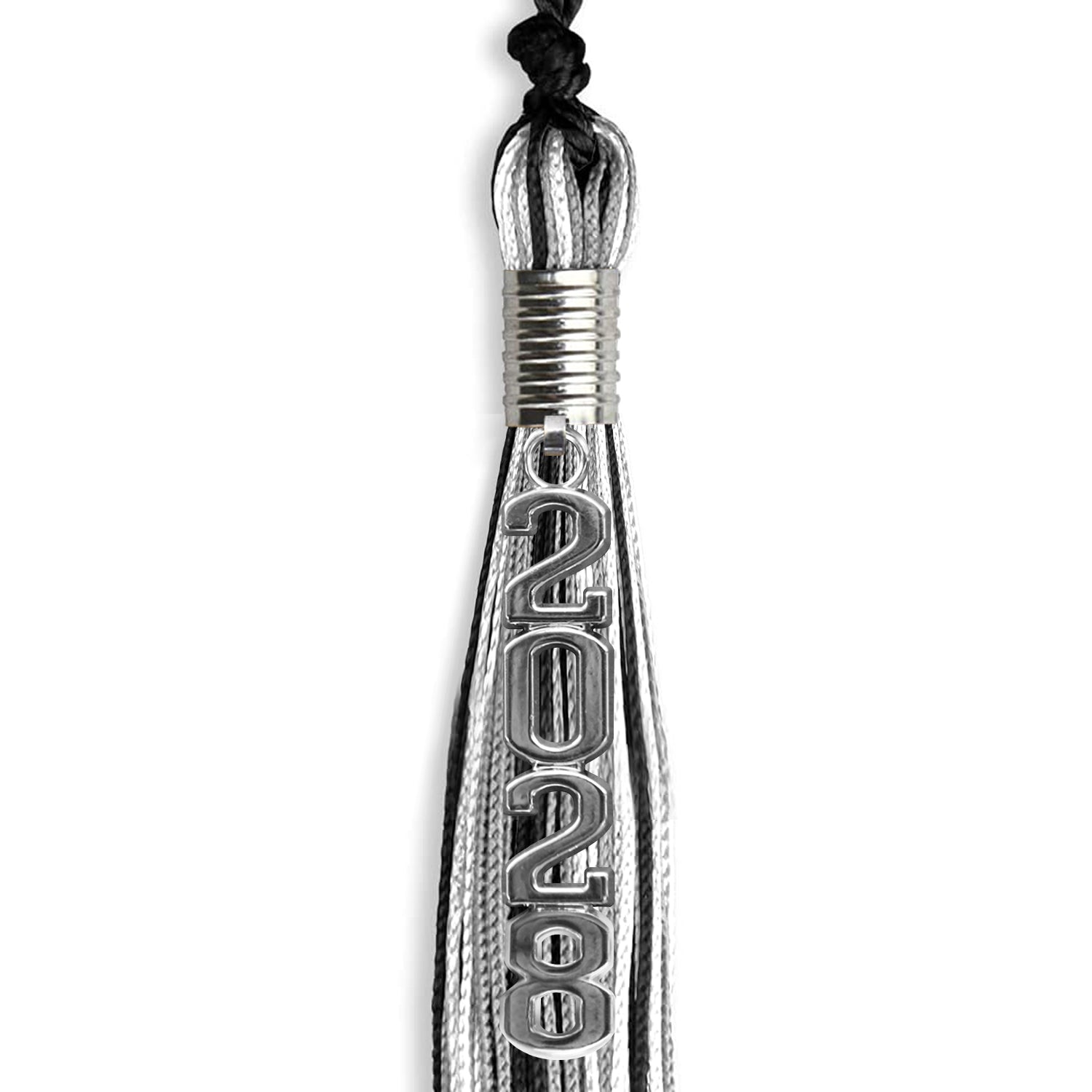 Black/Silver/White Mixed Color Graduation Tassel with Silver Stacked Date Drop - Endea Graduation