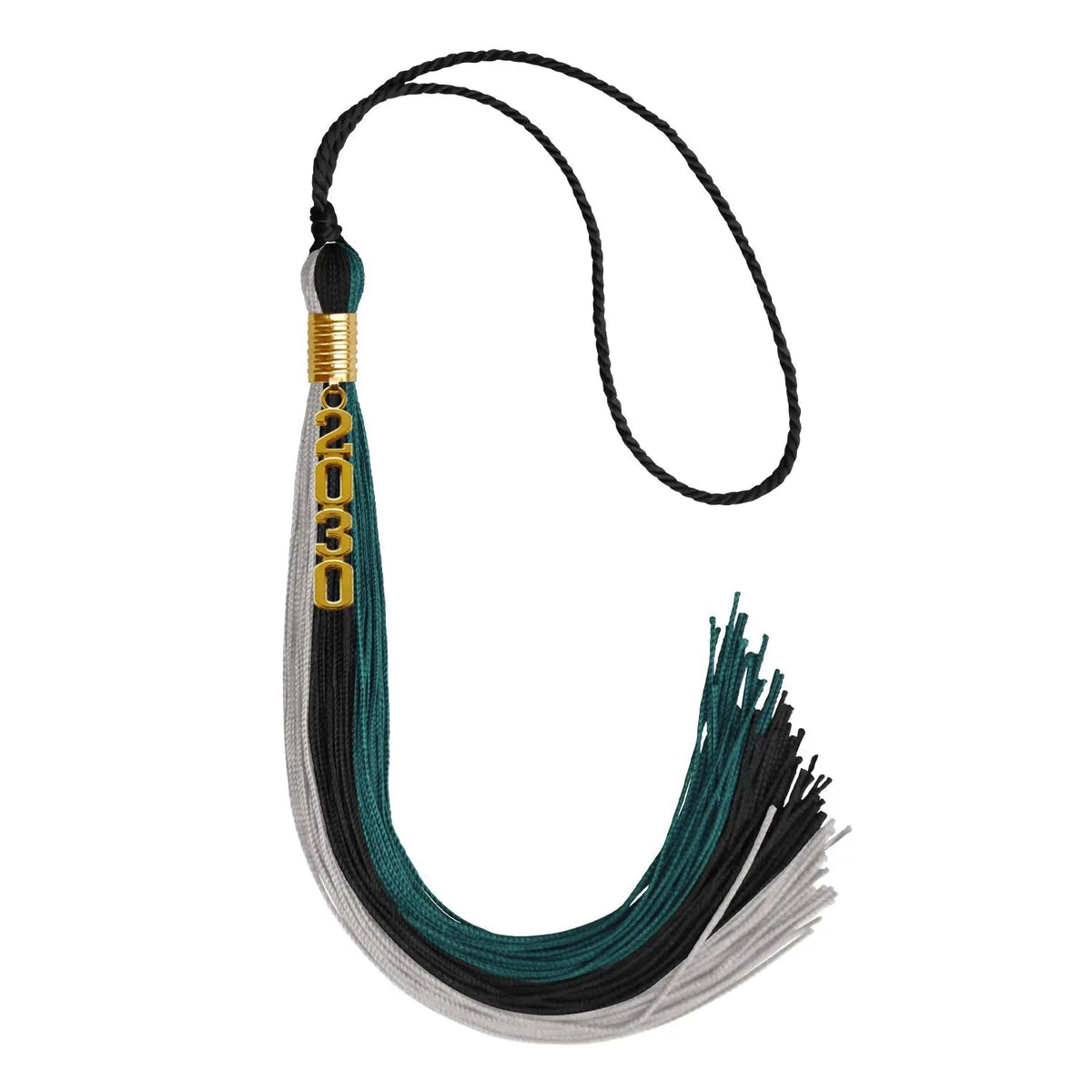 Black/Teal/Grey Graduation Tassel with Gold Stacked Date Drop - Endea Graduation