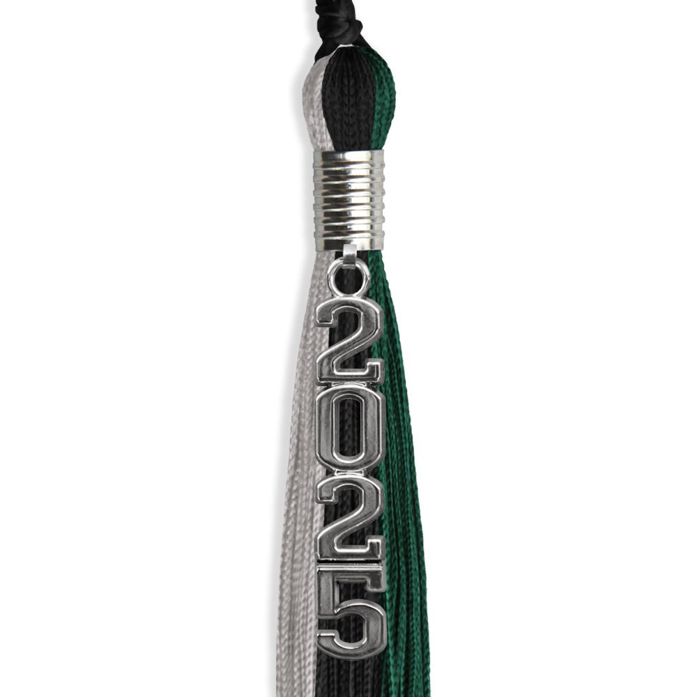 Black/Teal/Grey Graduation Tassel with Silver Stacked Date Drop - Endea Graduation