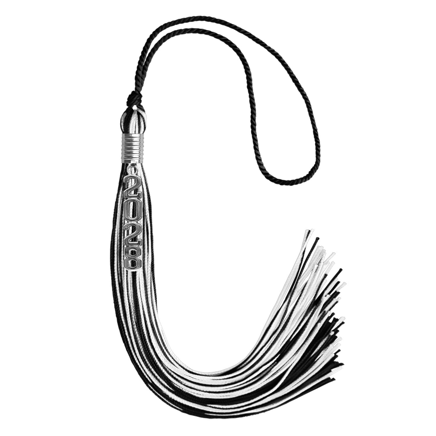 Black/White Mixed Color Graduation Tassel with Stacked Silver Date Drop - Endea Graduation