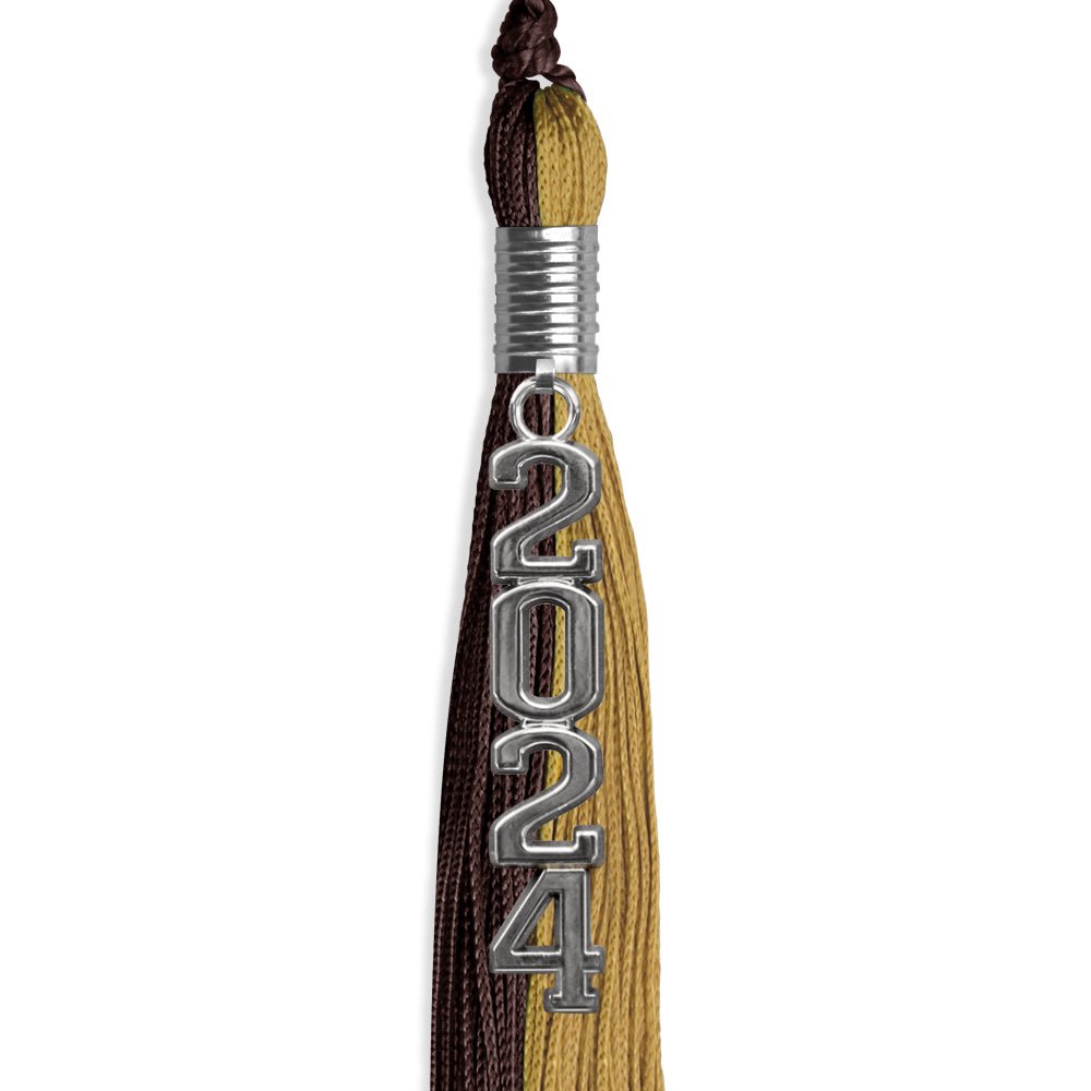 Brown/Antique Gold Graduation Tassel with Silver Stacked Date Drop - Endea Graduation