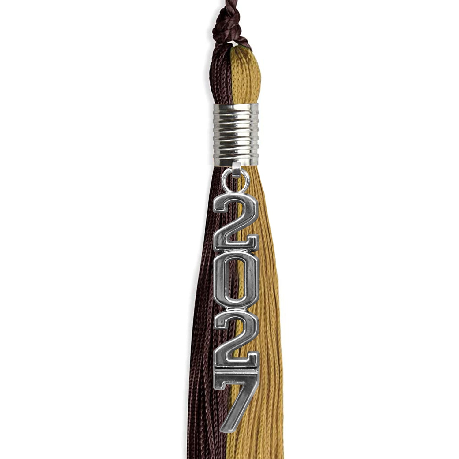 Brown/Antique Gold Graduation Tassel with Silver Stacked Date Drop - Endea Graduation