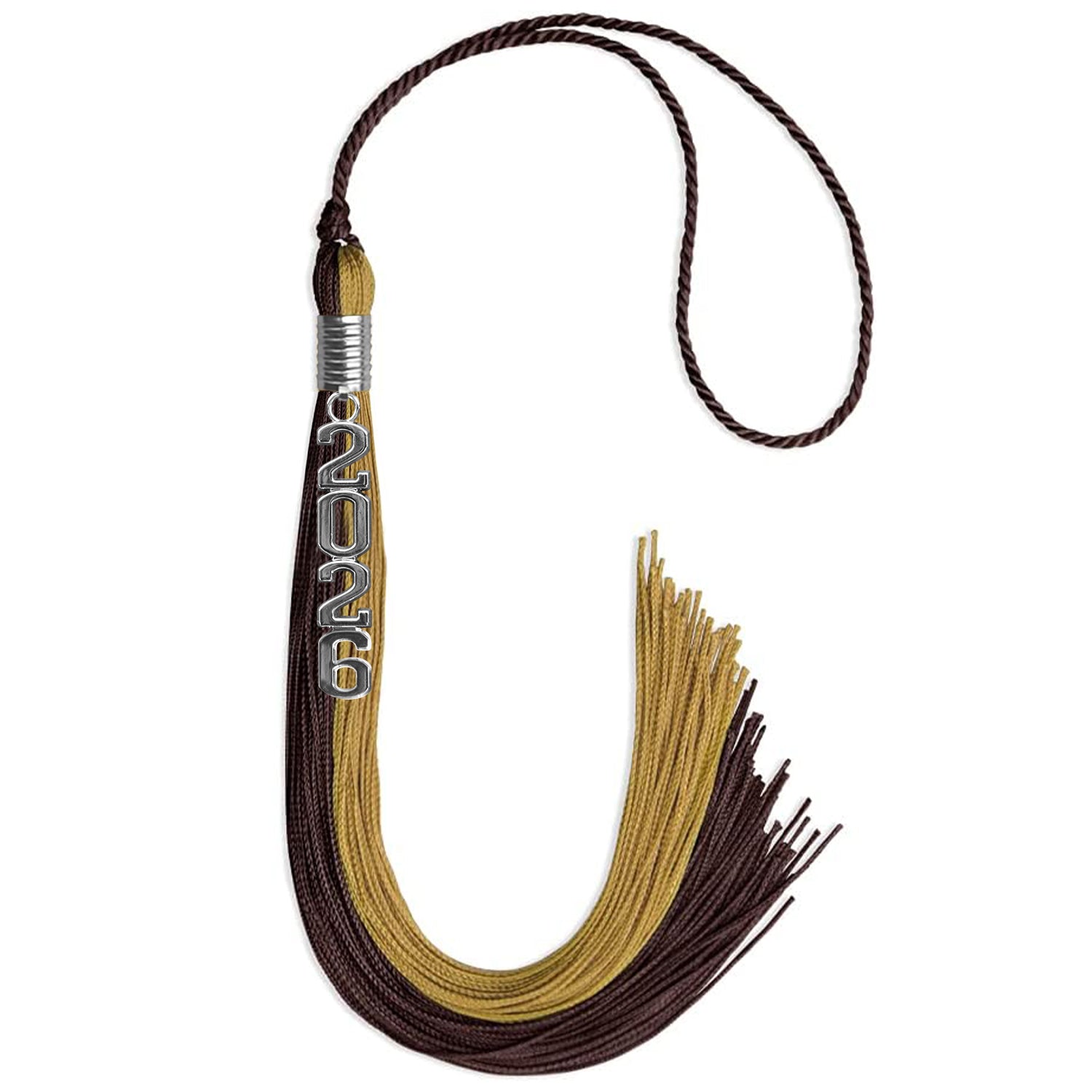 Brown/Antique Gold Graduation Tassel with Silver Stacked Date Drop - Endea Graduation