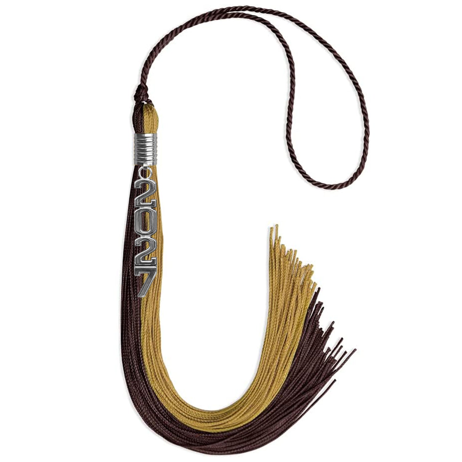 Brown/Antique Gold Graduation Tassel with Silver Stacked Date Drop - Endea Graduation