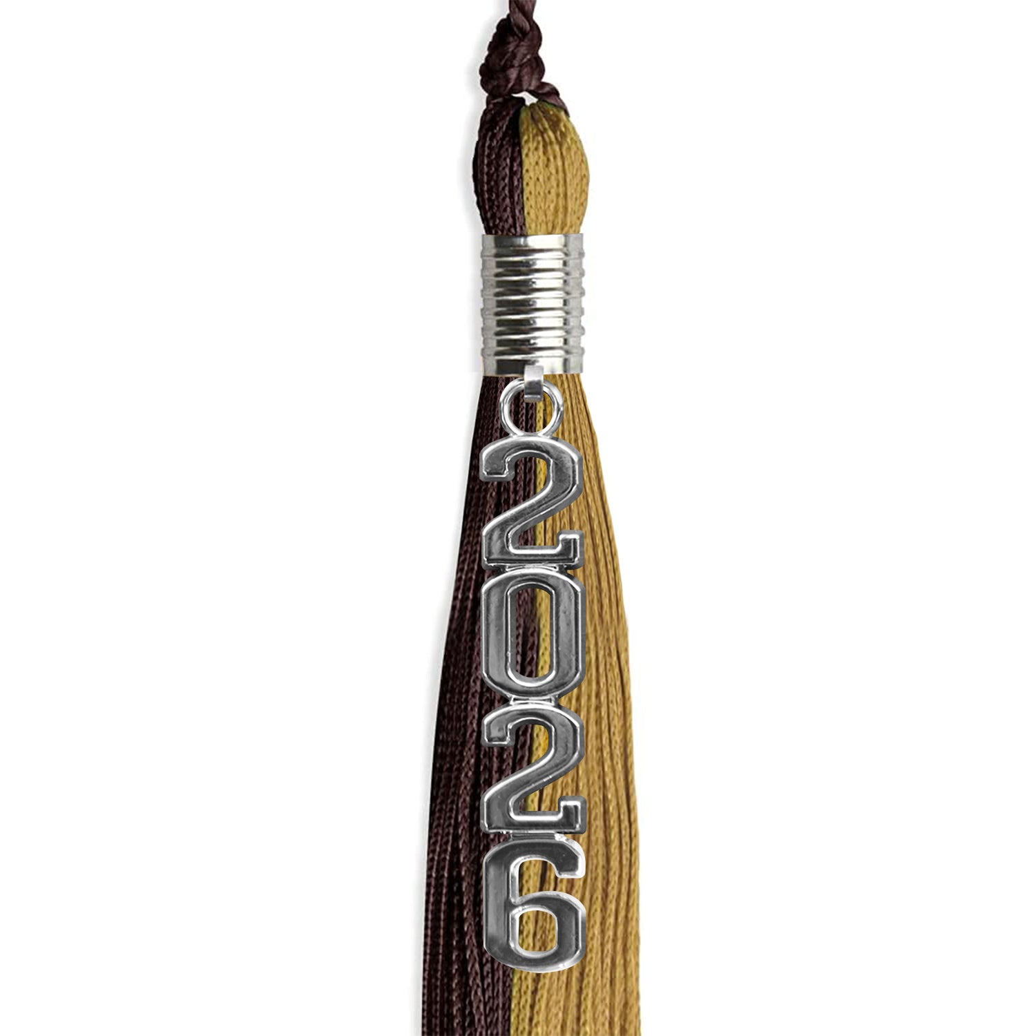 Brown/Antique Gold Graduation Tassel with Silver Stacked Date Drop - Endea Graduation