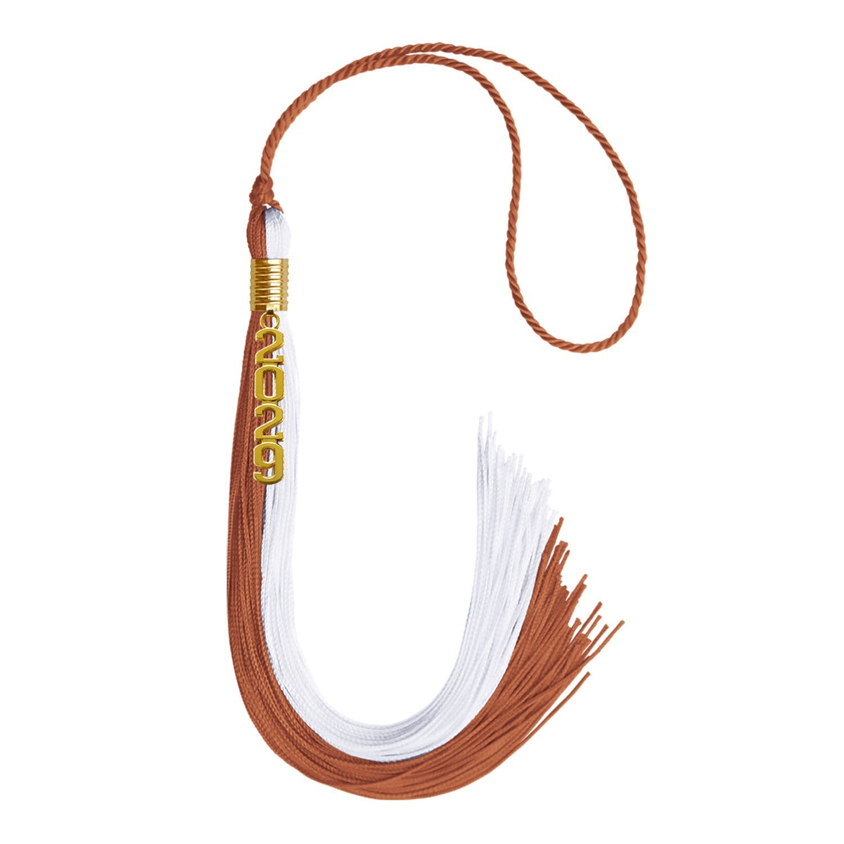 Burnt Orange/White Graduation Tassel with Gold Stacked Date Drop - Endea Graduation