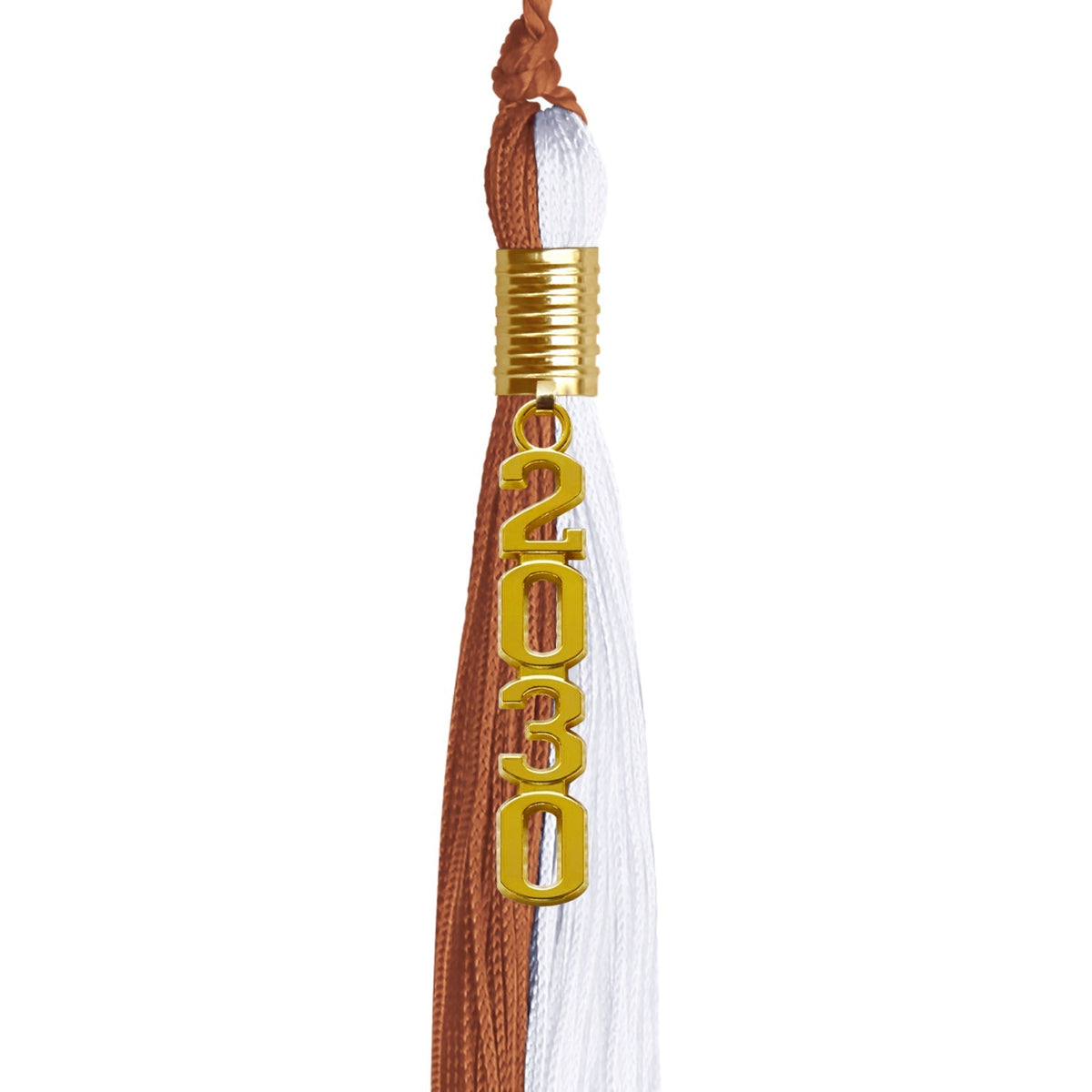 Burnt Orange/White Graduation Tassel with Gold Stacked Date Drop - Endea Graduation