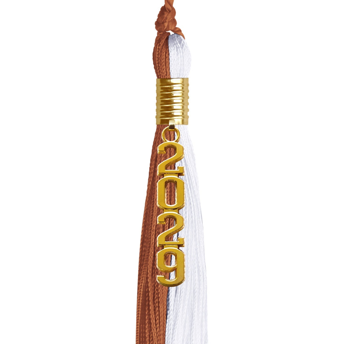 Burnt Orange/White Graduation Tassel with Gold Stacked Date Drop - Endea Graduation