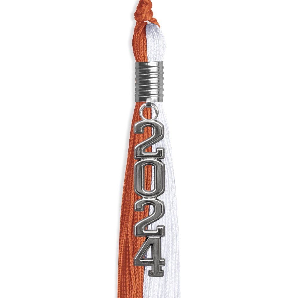 Burnt Orange/White Graduation Tassel with Silver Stacked Date Drop - Endea Graduation