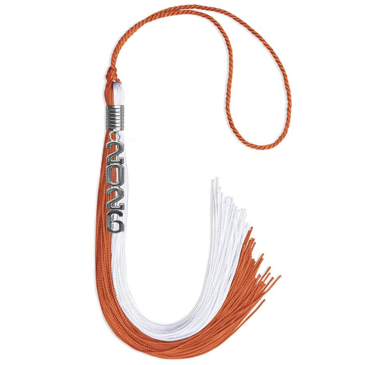 Burnt Orange/White Graduation Tassel with Silver Stacked Date Drop - Endea Graduation