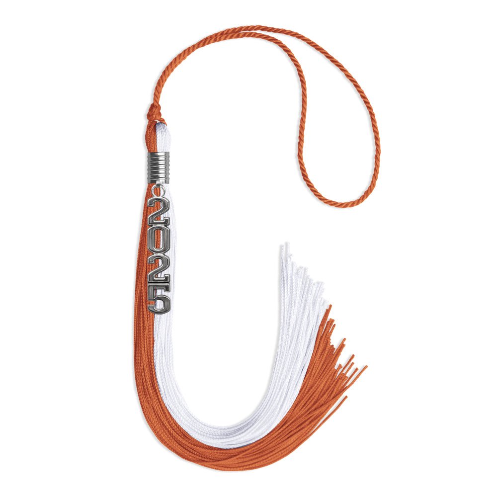 Burnt Orange/White Graduation Tassel with Silver Stacked Date Drop - Endea Graduation