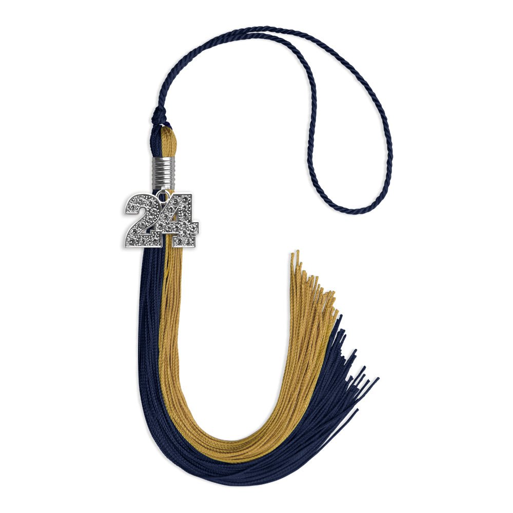 Dark Navy Blue/Antique Gold Graduation Tassel with Silver Date Drop - Endea Graduation