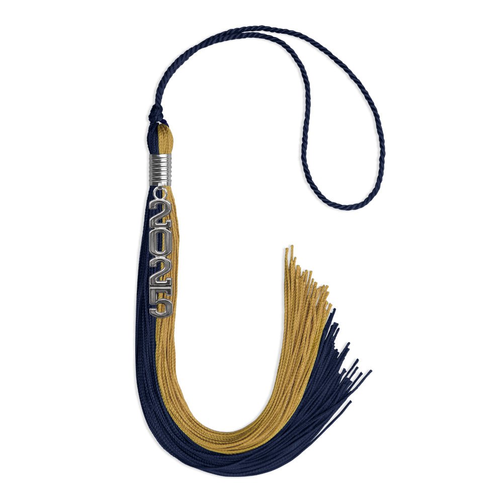 Dark Navy Blue/Antique Gold Graduation Tassel with Silver Stacked Date Drop - Endea Graduation