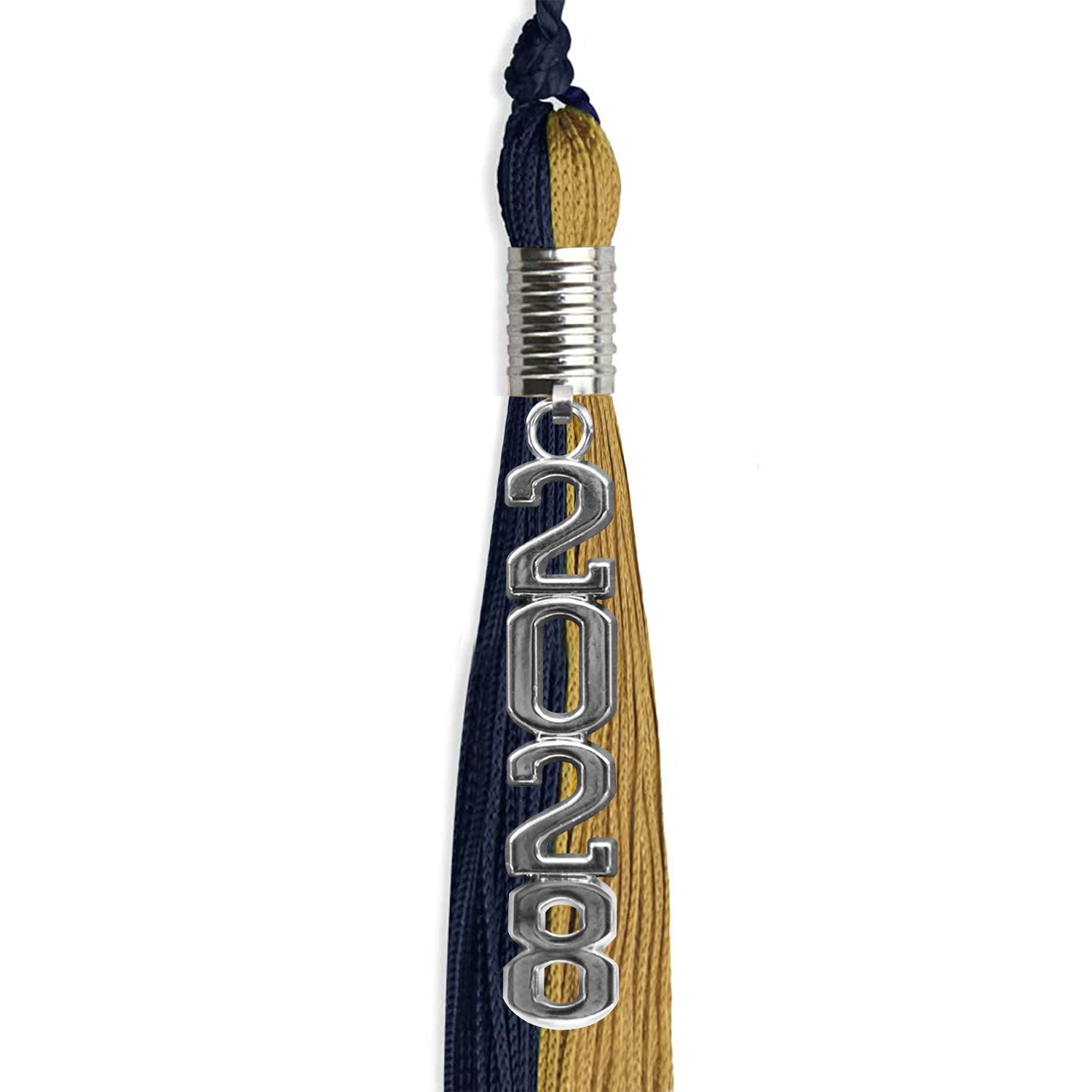 Dark Navy Blue/Antique Gold Graduation Tassel with Silver Stacked Date Drop - Endea Graduation