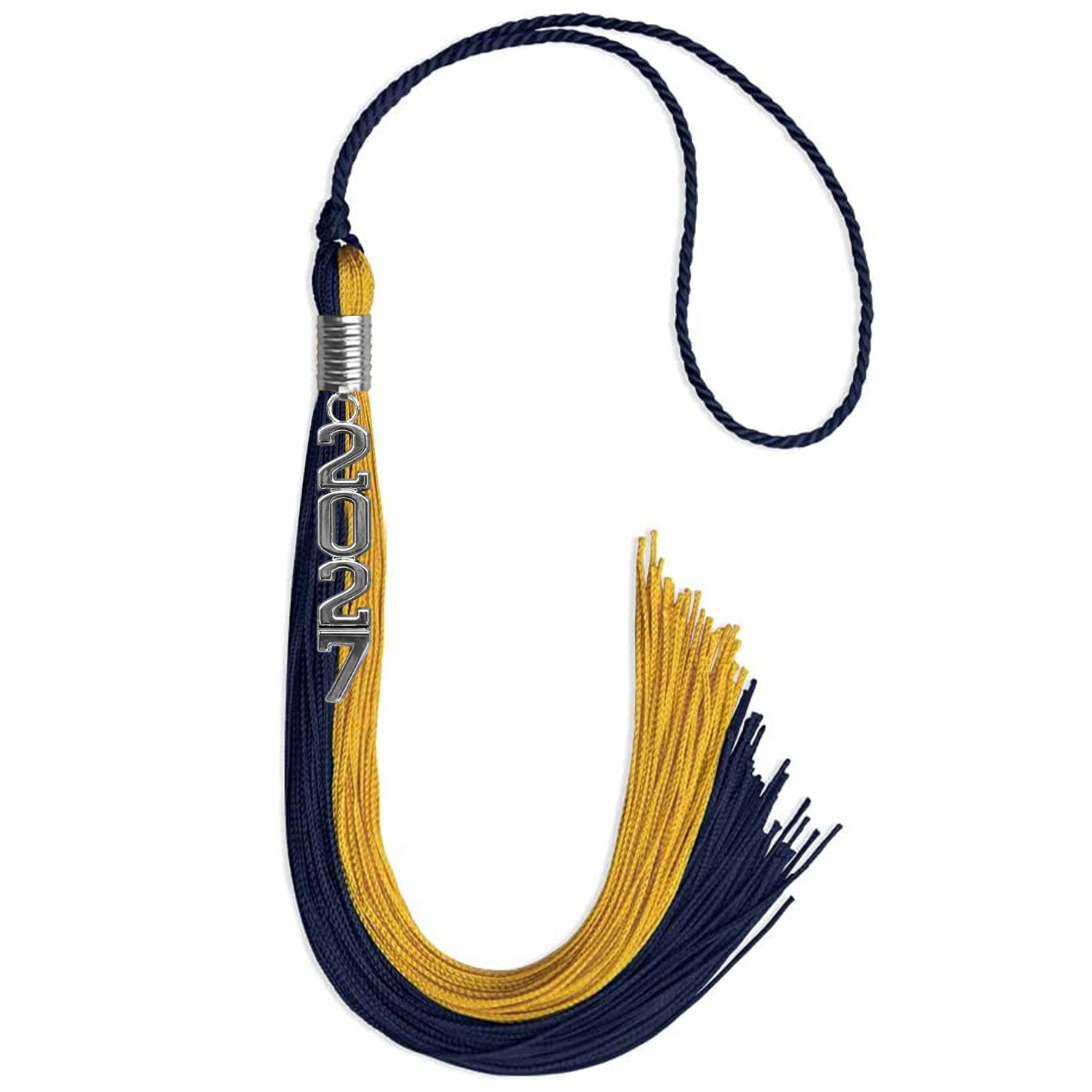 Dark Navy Blue/Bright Gold Graduation Tassel with Silver Stacked Date Drop - Endea Graduation