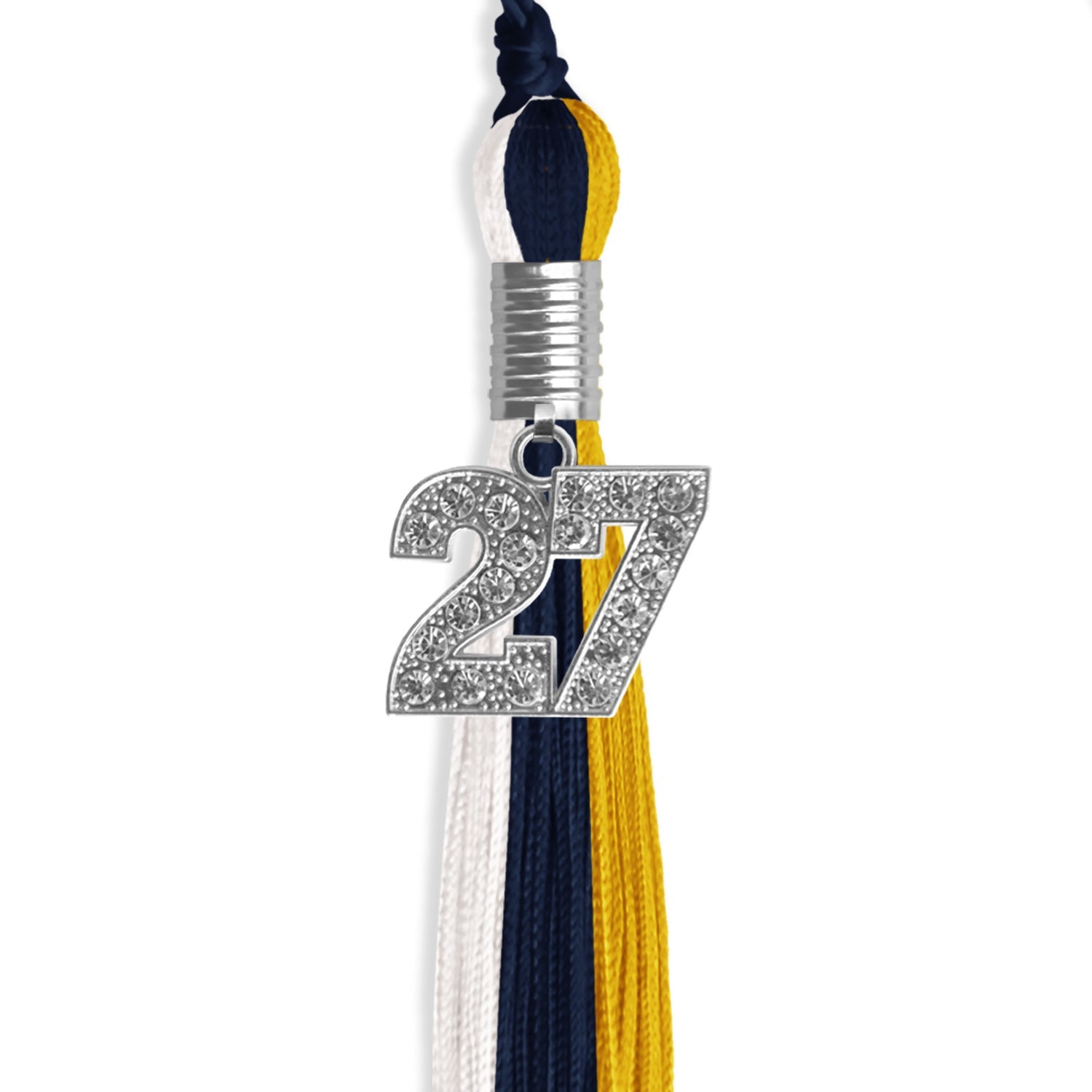 Dark Navy Blue/Gold/White Graduation Tassel with Silver Date Drop - Endea Graduation